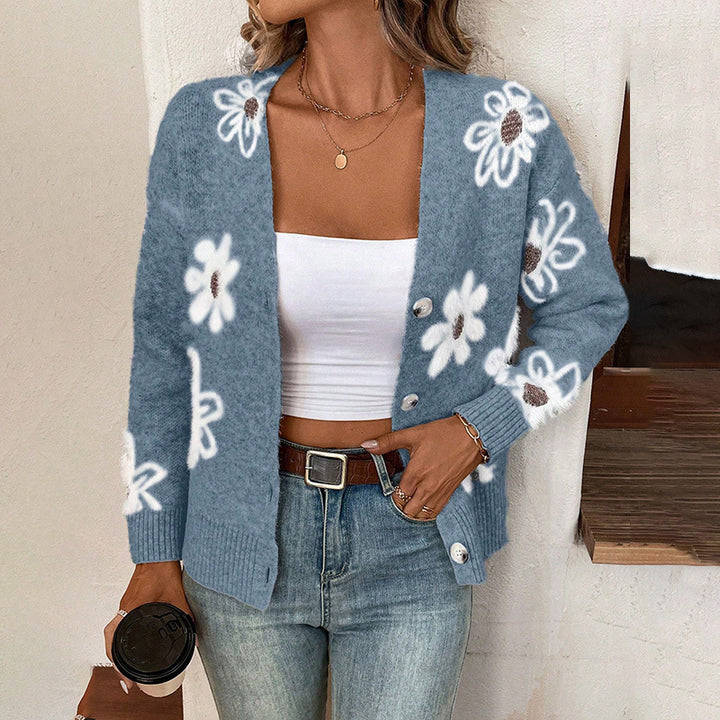 Women's knitted jacket with floral design and button details Lune London