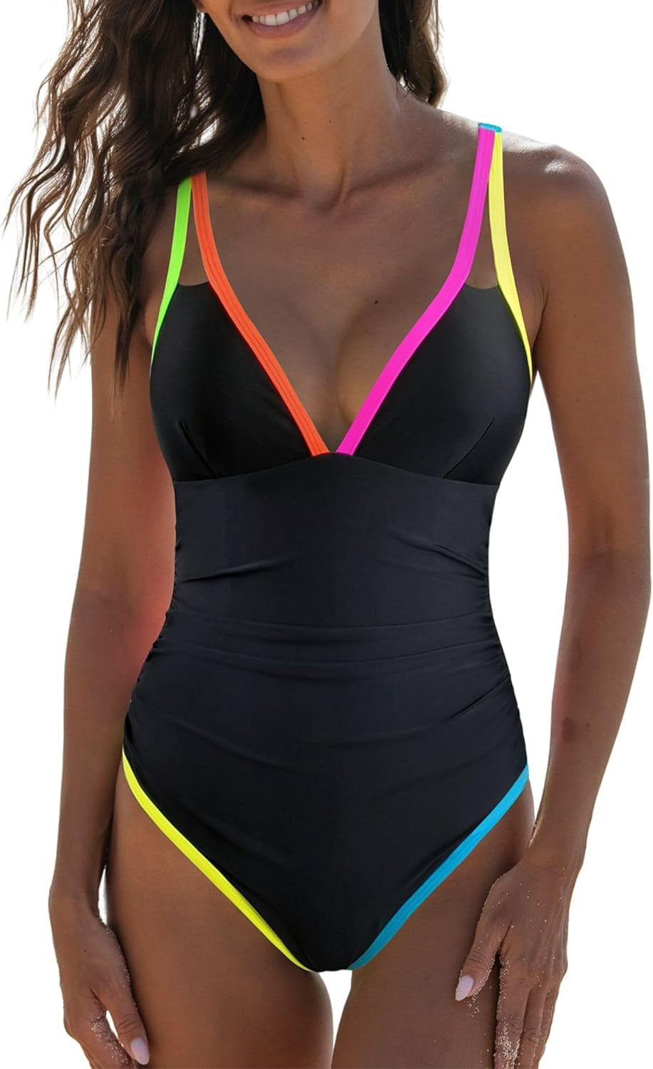 Ladies' One-Piece Swimsuit with Colorful Accents and Fashionable V-Neck Lune London