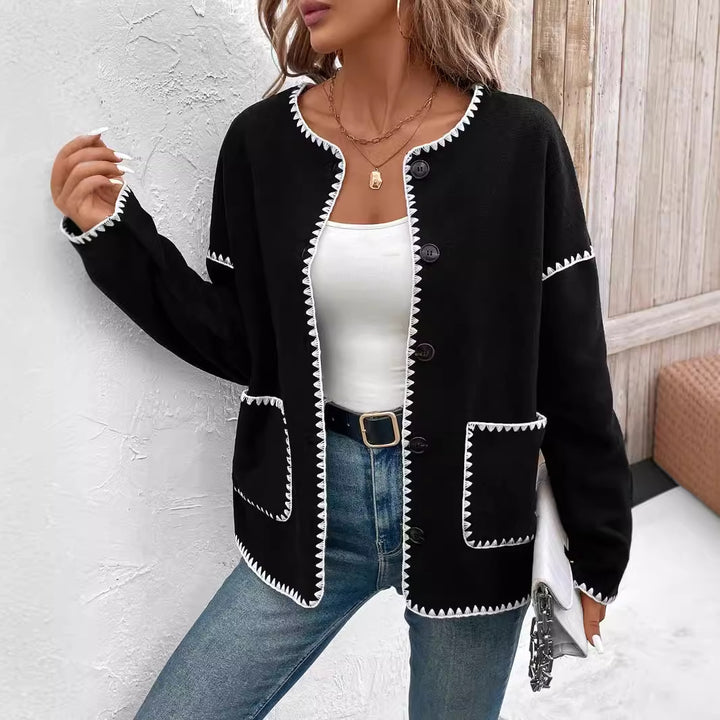 Fashion knitted jacket for women with decorative contrasting trim and large pockets Lune London