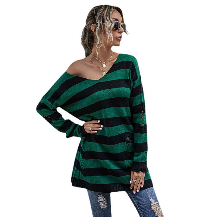 Pull en tricot surdimensionné pour femmes avec décolleté en V profond et motif à rayures tendance Chic & Stil