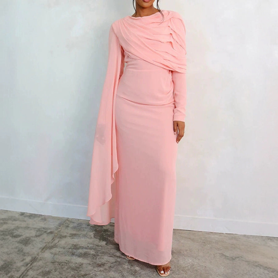 Women's Glamorous Long Sleeve Dress with Draped Top and Flowing Cut Lune London