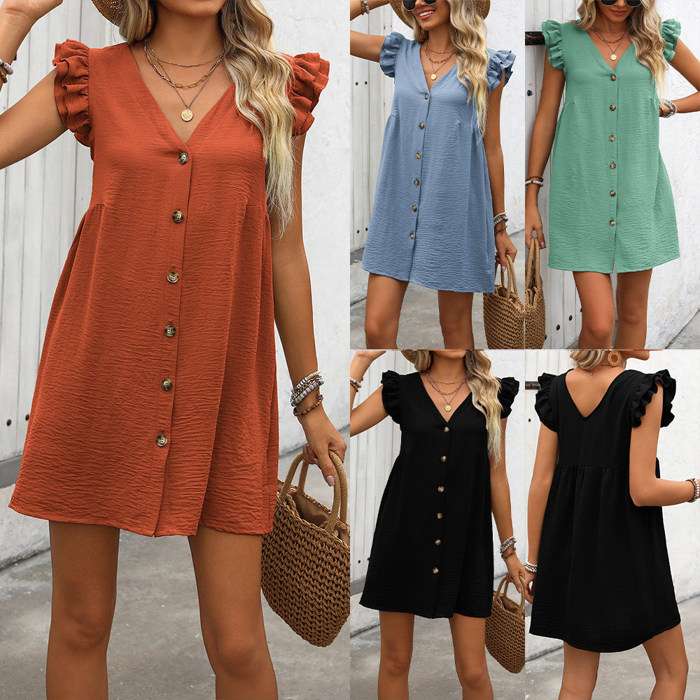 Lightweight wrap dress for women with ruffled details and button placket Lune London