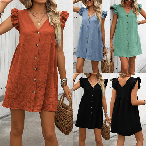Lightweight wrap dress for women with ruffled details and button placket Lune London
