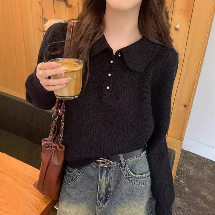 Pull élégant à col polo pour femmes en drap tricot doux