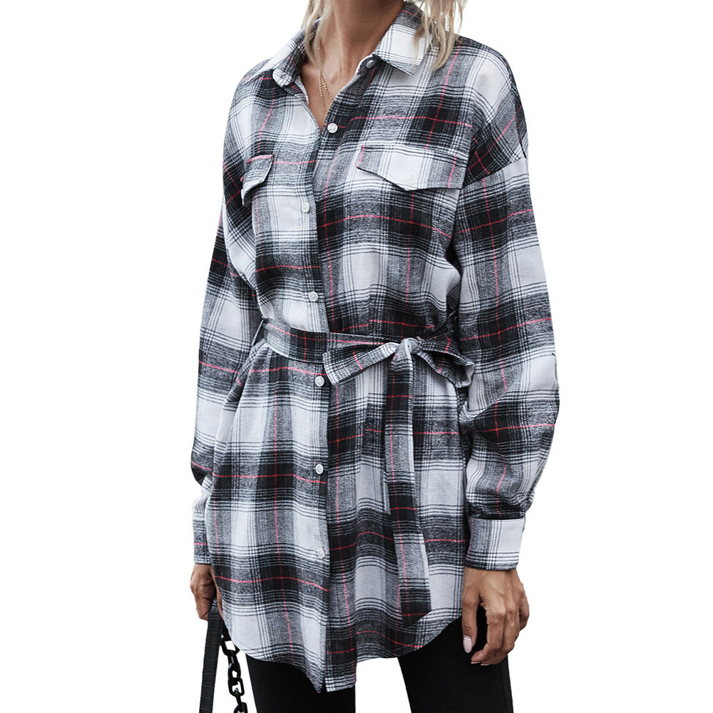 Checkered shirt dress for women with adjustable belt and button placket Lune London