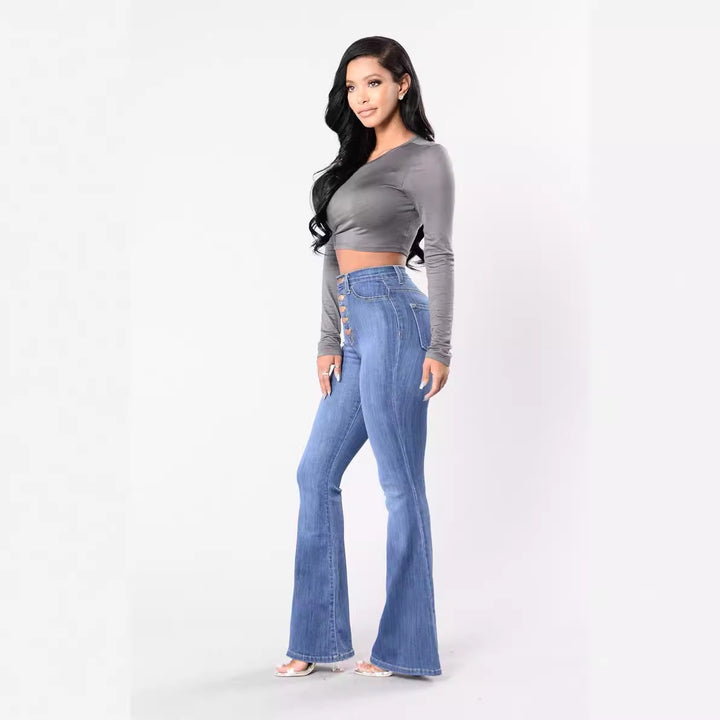 Jeans évasés taille haute pour femmes avec boutons décoratifs Chic & Stil