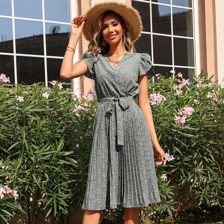 Pleated wrap dress for women with waist detail