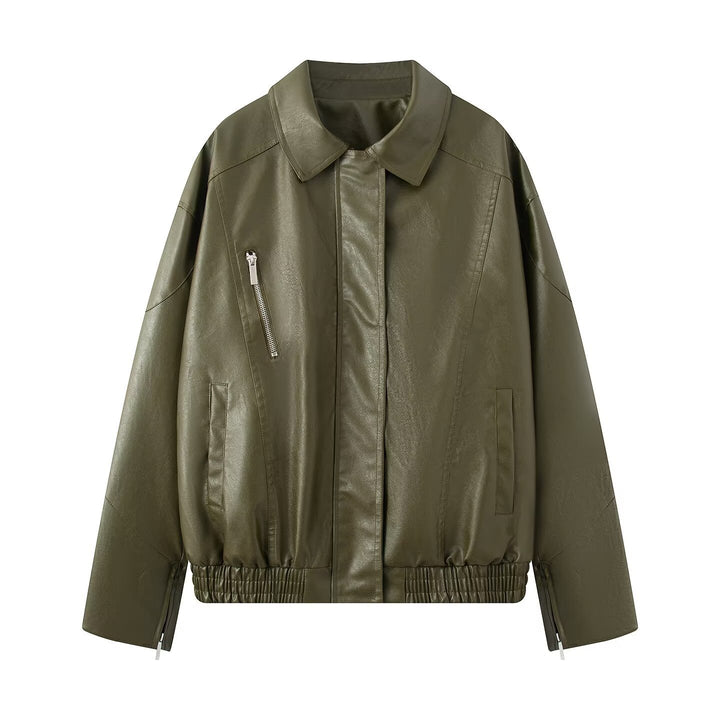 Casual faux leather jacket for women with elastic waist and practical zip pockets Lune London