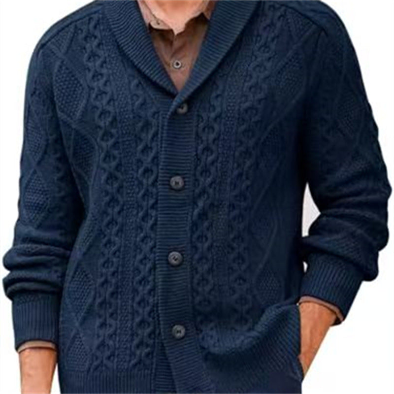 Men's knitted jacket with a clear braid pattern and a modern high collar Lune London