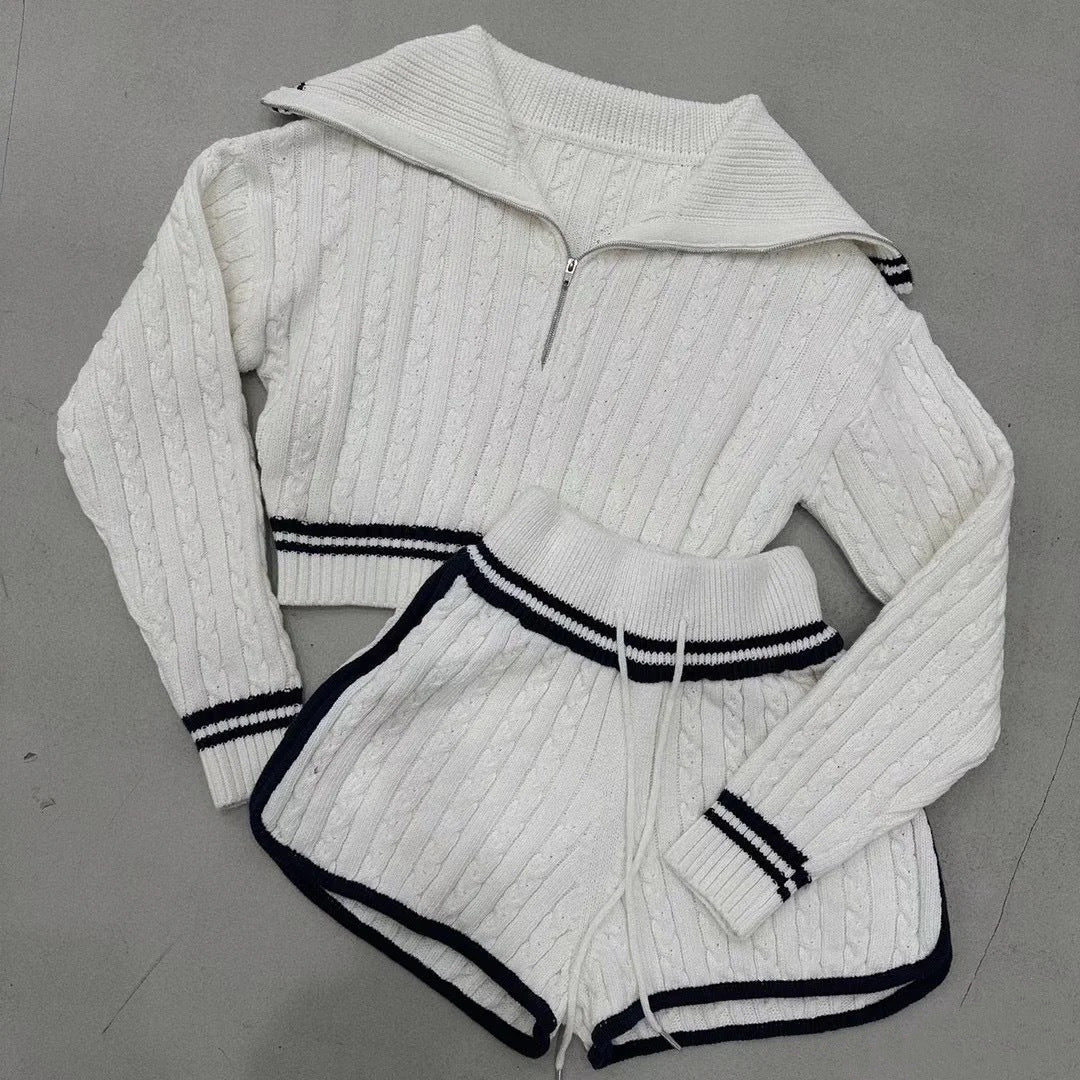 Knitted short sweater for women with a high collar and shorts in the Lune London set