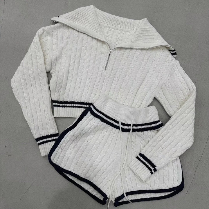 Knitted short sweater for women with a high collar and shorts in the Lune London set