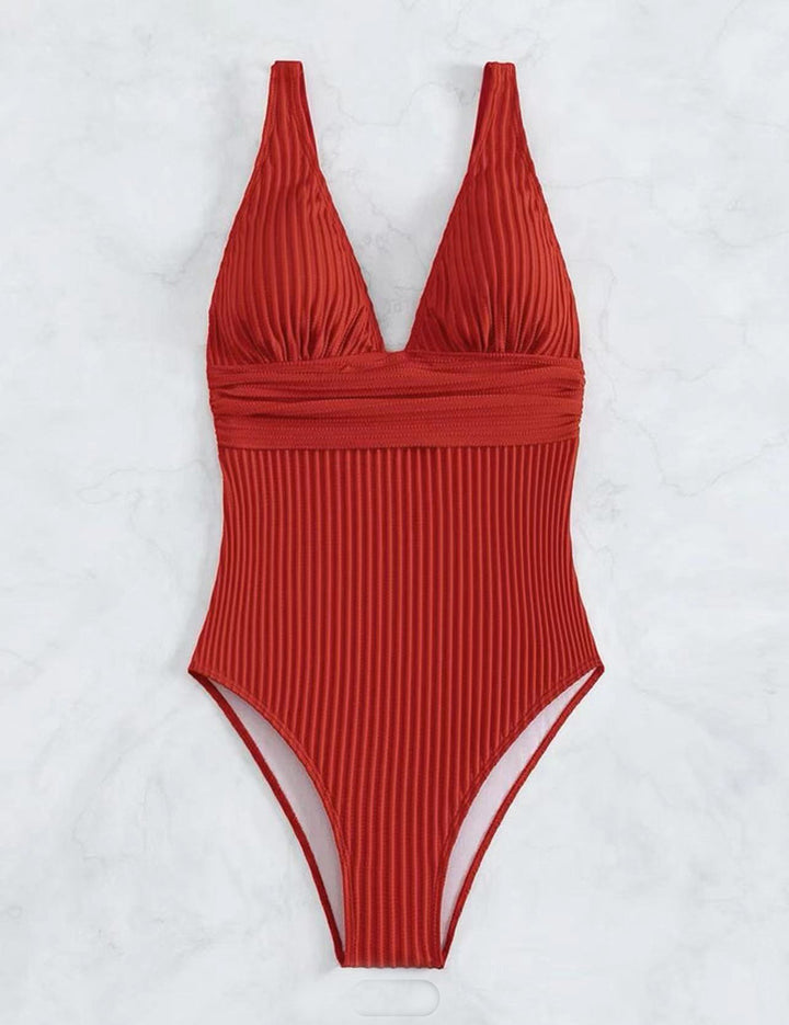 One-piece swimsuit for women with a refined ribbed design and a deep V neckline Lune London