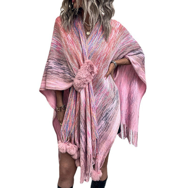 Ladies fashionable poncho with luxurious faux fur trim and creative fringes Lune London