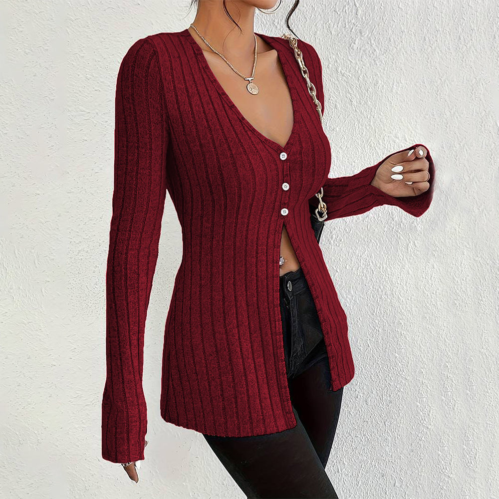 Cardigan pour femme à manches longues avec texture à côtes fines et détails de boutons élégants Chic & Stil