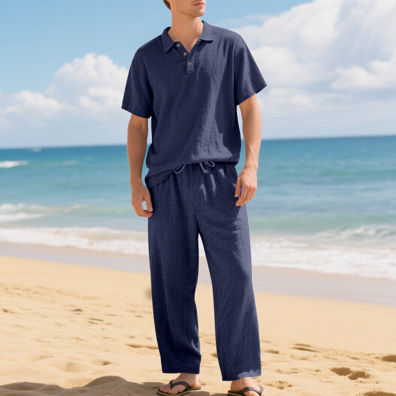 Tenue d'été décontractée pour hommes avec polo en coton de haute qualité à manches courtes et pantalons en lin confortables Lune London