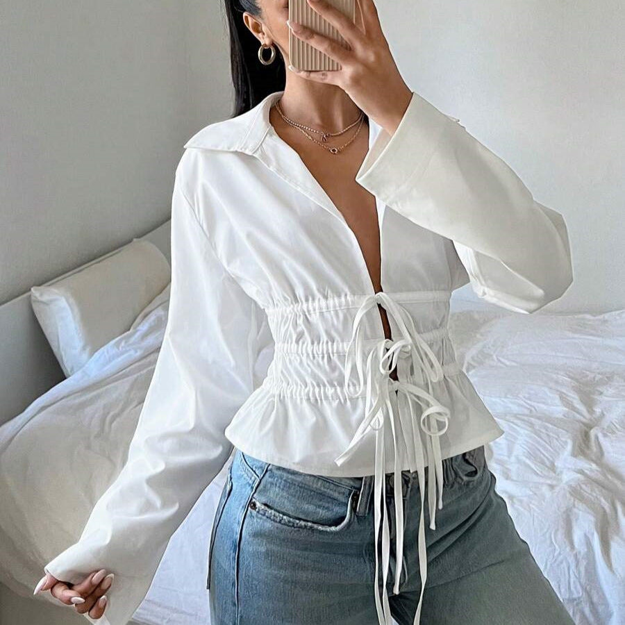 Lune London zip-up blouse for women with gathers and long sleeves