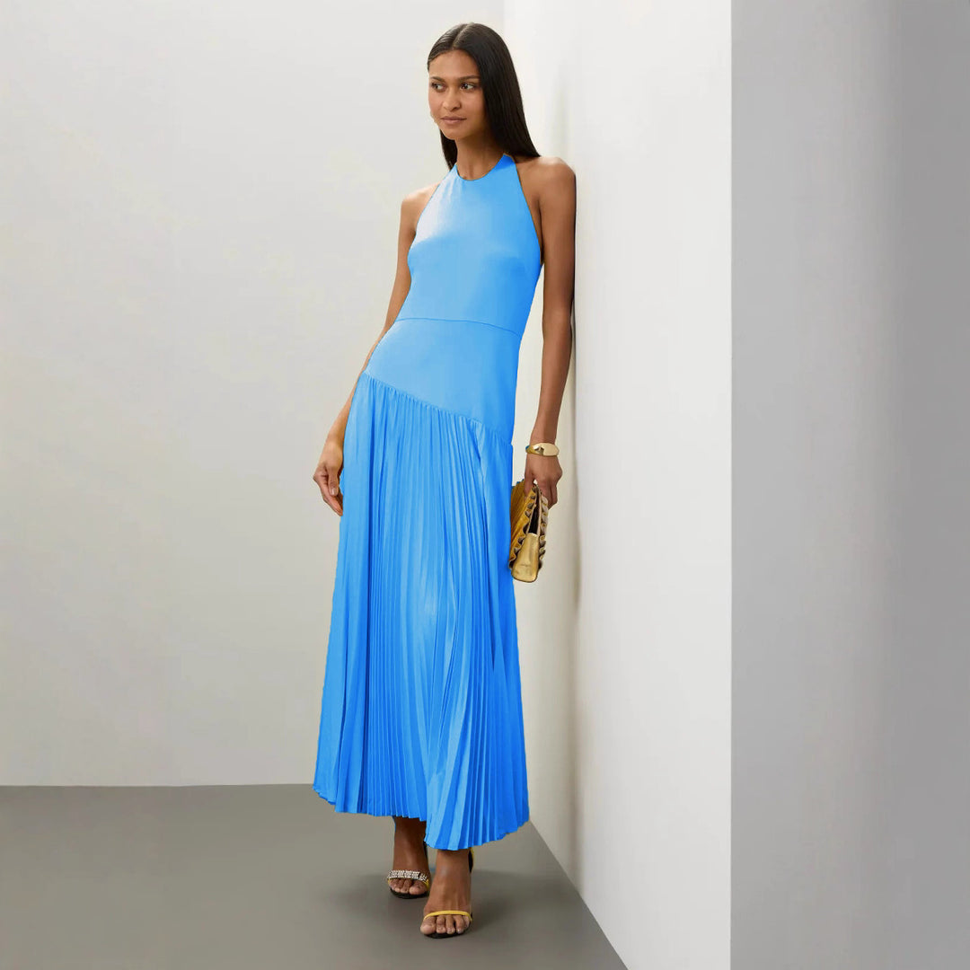 Ladies Elegant Maxi Dress with Flowing Pleated Skirt and Halter Neck Design
