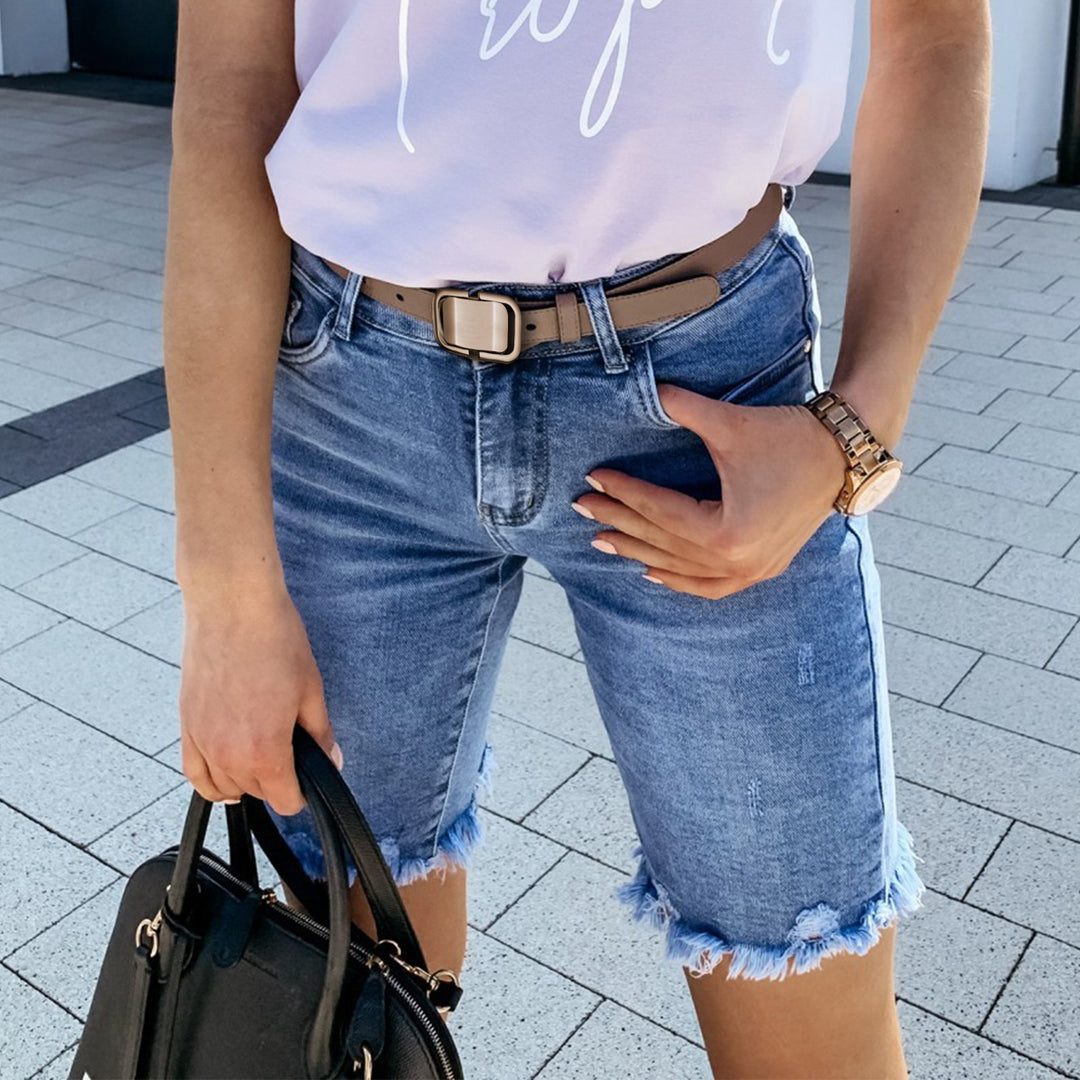 Destroyed denim shorts for women with frayed edges and side stripe Lune London