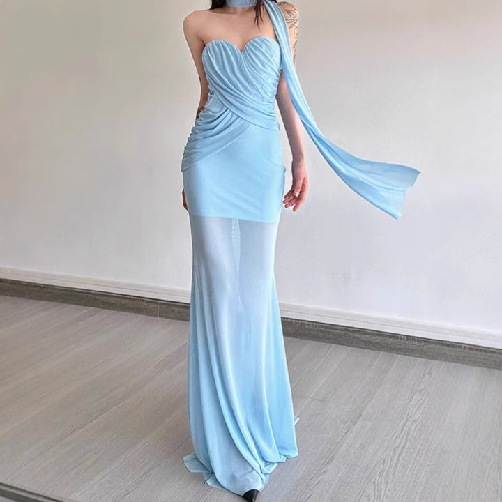 Elegant maxi dress for women with asymmetric neckline and sculpting design. Lune London