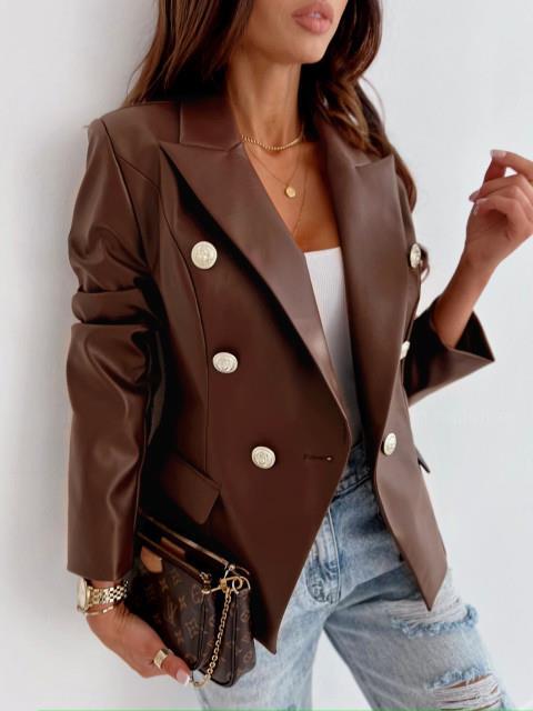 Elegant faux leather blazer for women with double row of buttons Lune London