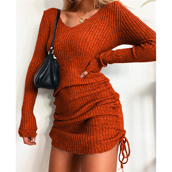 Ribbed knit dress for women with deep V-neck and adjustable ruching Lune London