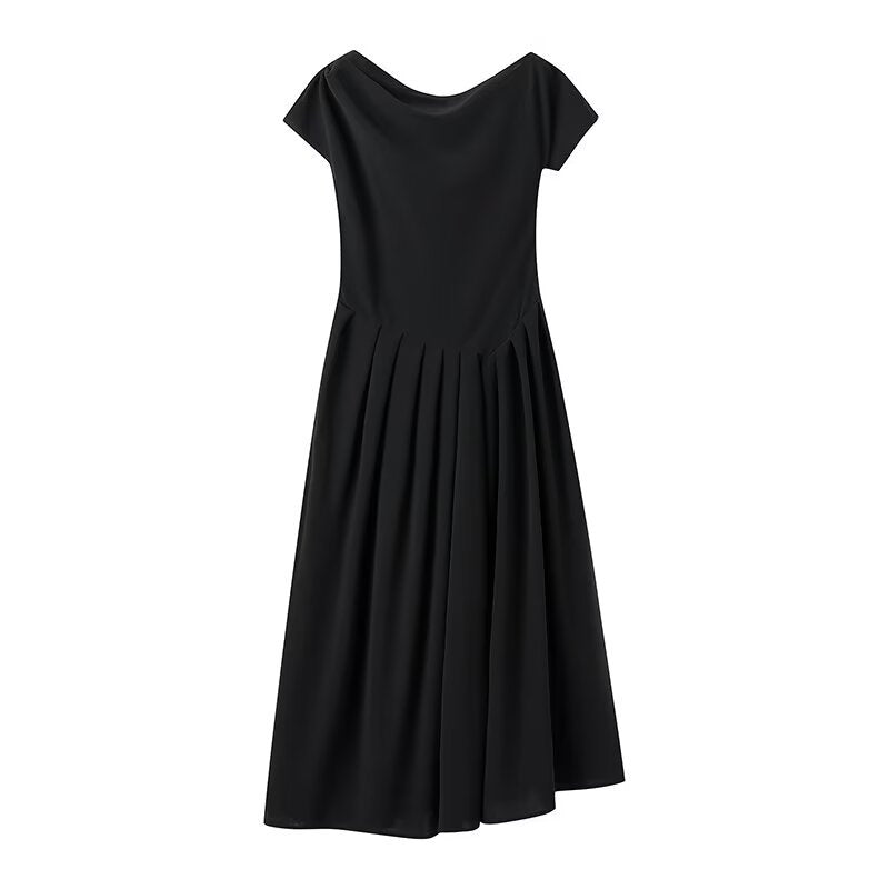 Midi dress for women with elegant pleated skirt and raw edge neckline Lune London
