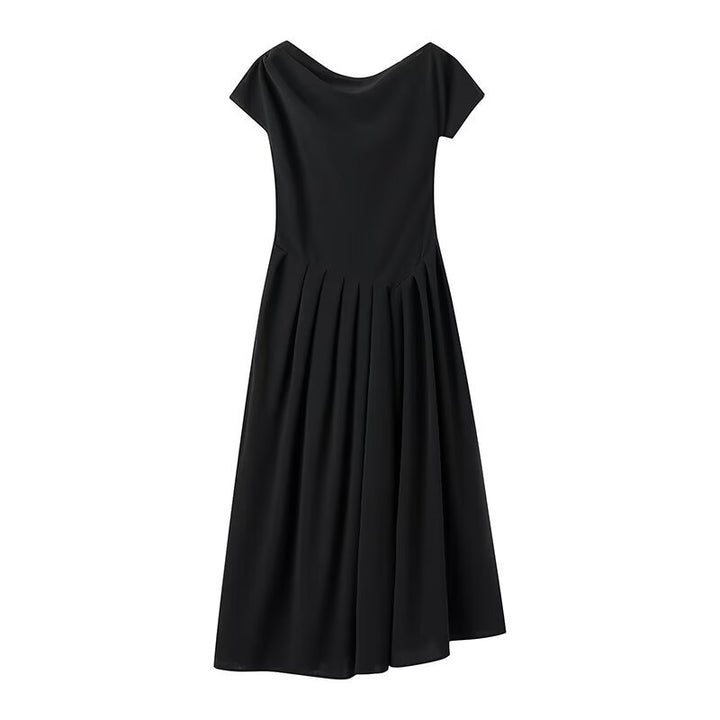 Midi dress for women with elegant pleated skirt and raw edge neckline Lune London
