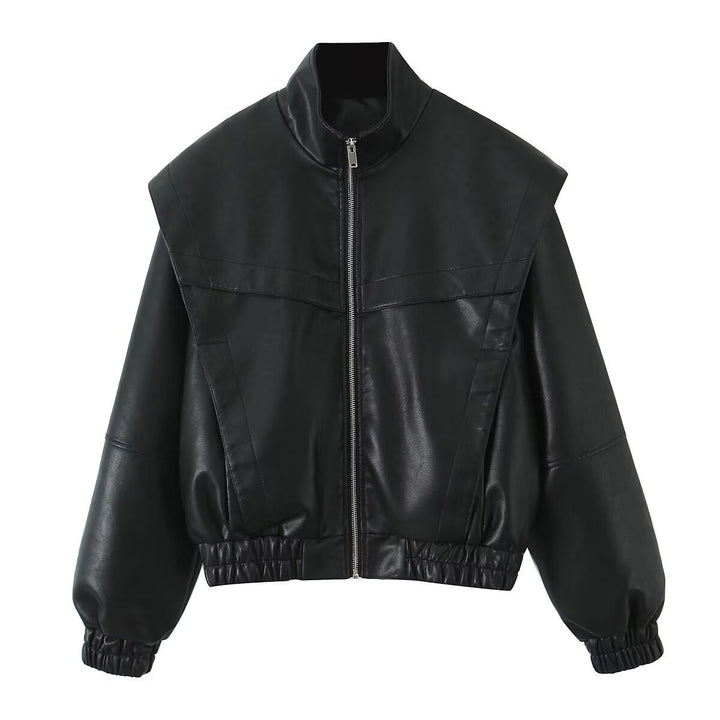 Ladies stylish faux leather jacket with high collar and elastic hem Lune London