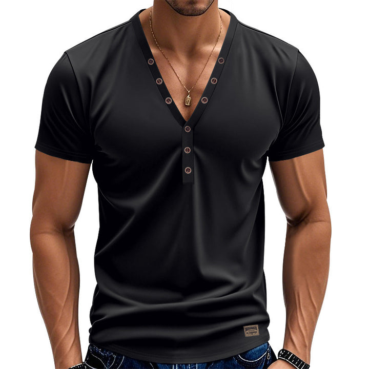 Men's short sleeve Henley t-shirt with double button placket and stretchy fabric Lune London