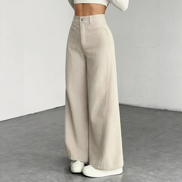 Pantalon en corduroy large pour femmes avec taille haute et coupe longue Chic & Stil