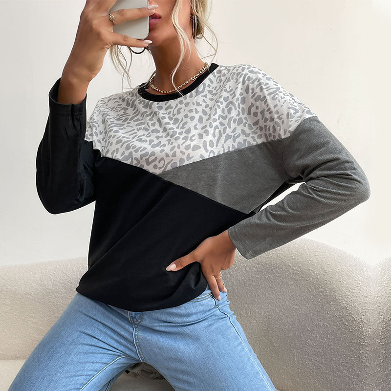 Chemise longue à manches longues pour femmes avec impression léopard créative et rayures en blocs Chic & Stil