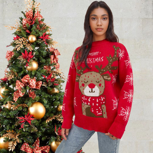 Christmas sweater for women with a cute reindeer pattern and winter snowflakes Lune London