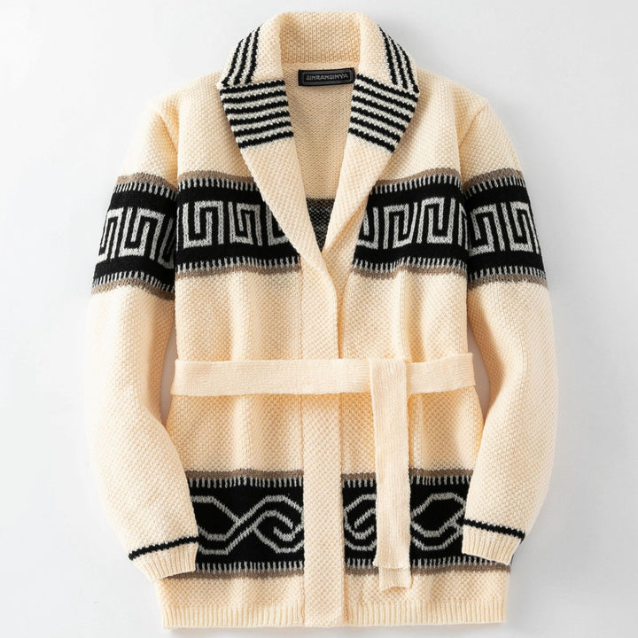 Ladies Fashion Knit Jacket with Belt and Chic Geometric Pattern