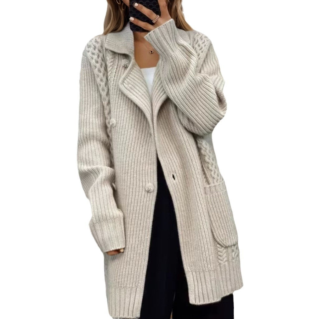 Knitted jacket for women with adjustable belt and textured cable pattern Chic und Stil