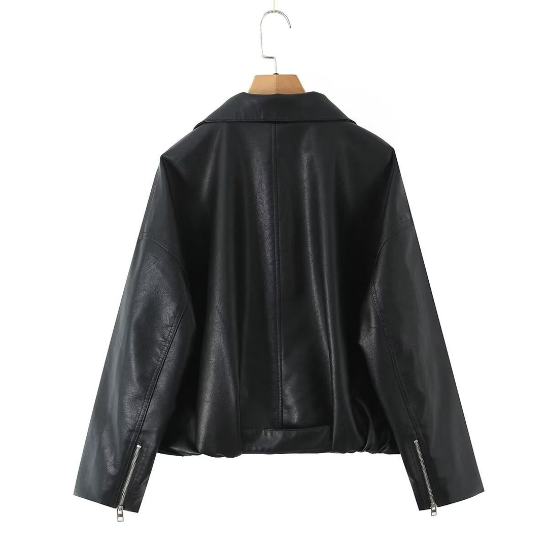 Cropped faux leather jacket for women with striking high collar and practical zip pockets Lune London