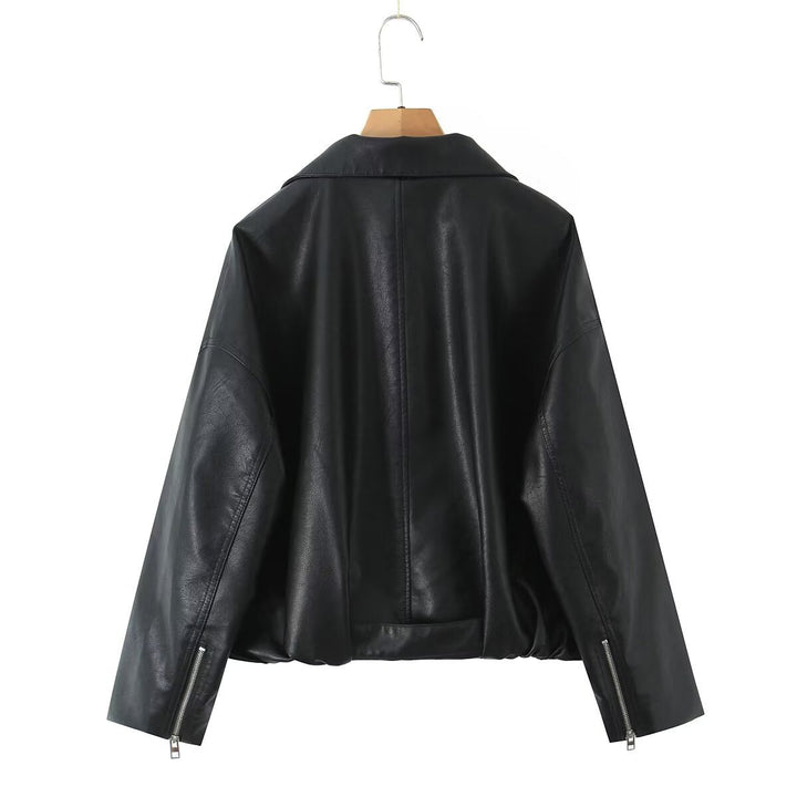 Cropped faux leather jacket for women with striking high collar and practical zip pockets Lune London