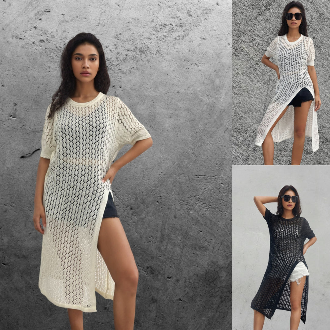 Ladies long knitted kimono with open design and breathable mesh structure Chic and Style