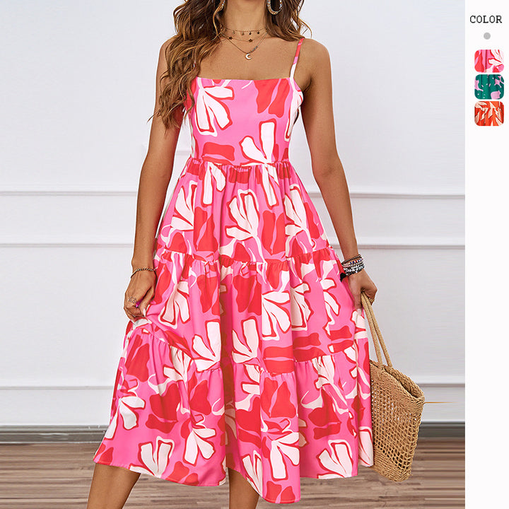 Ladies knee-length casual dress in modern layering design with colorful pattern