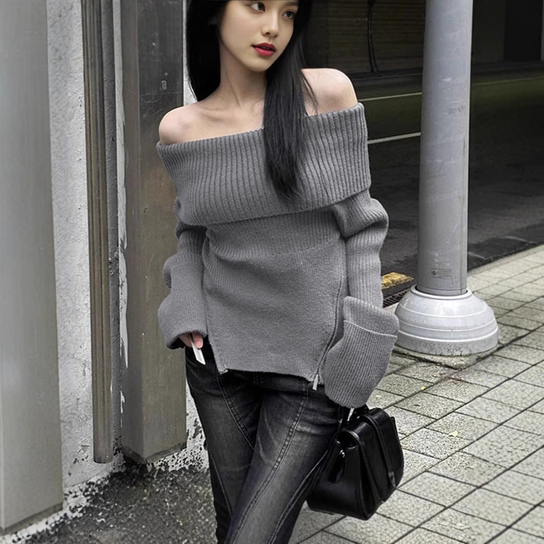 Women Knit Off-Shoulder Top with Longer Sleeves and Fine Ribbed Details Lune London