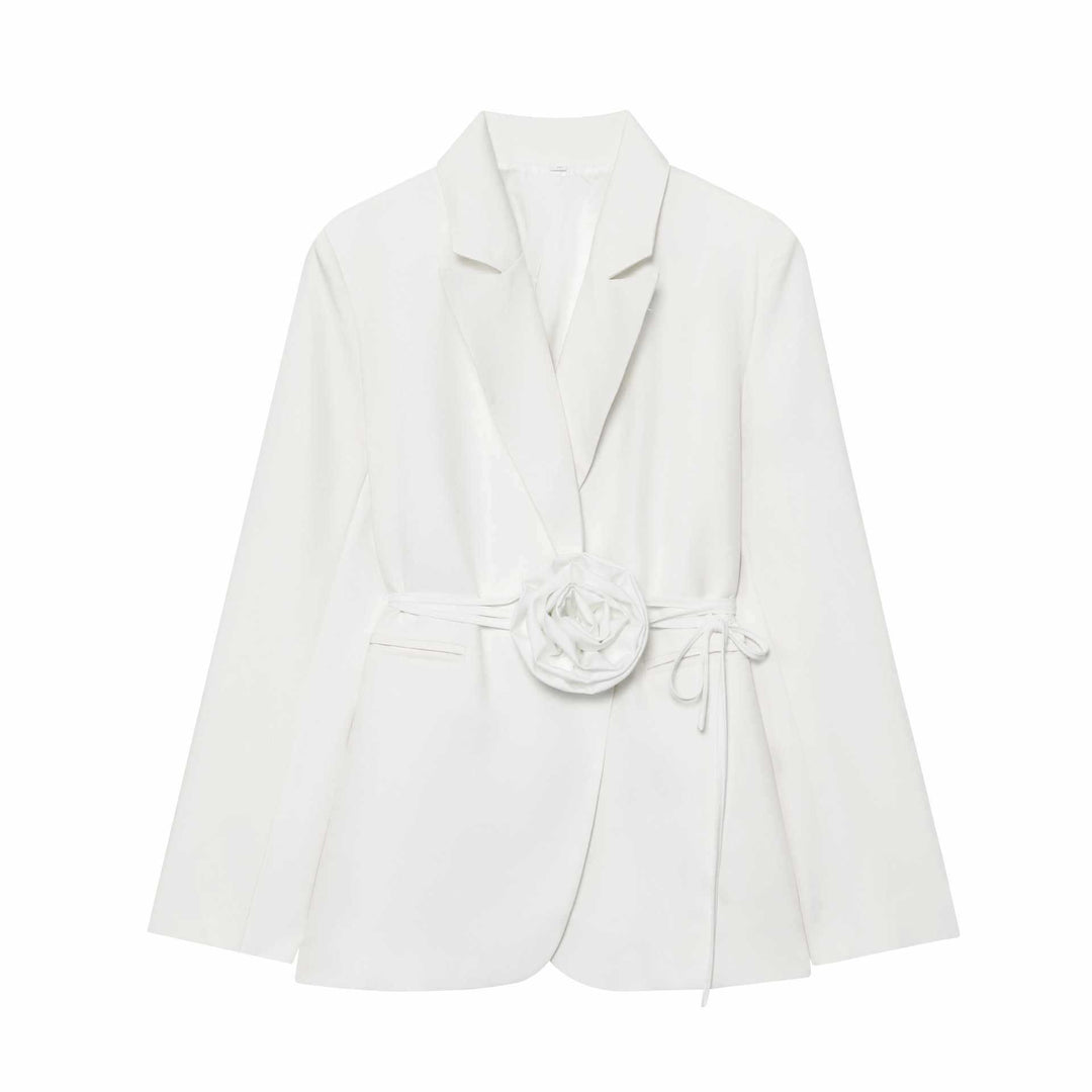 Ladies elegant blazer with attached decorative belt and floral accents Lune London