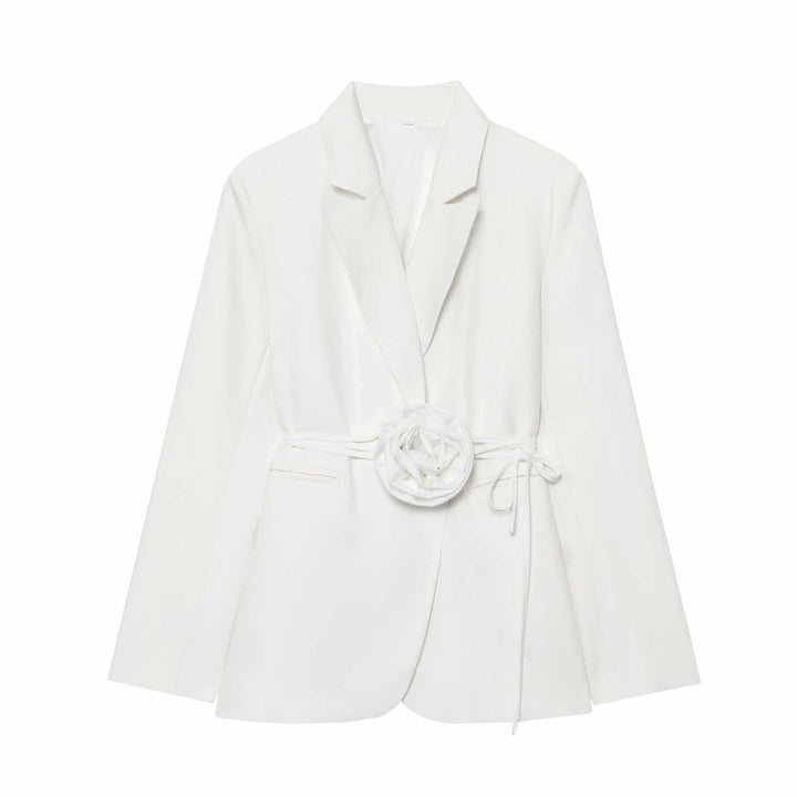 Ladies elegant blazer with attached decorative belt and floral accents Lune London