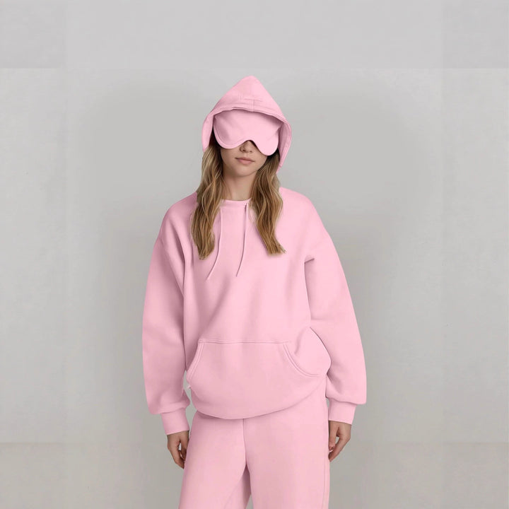 Ladies oversized hoodie with integrated sleep mask design Lune London