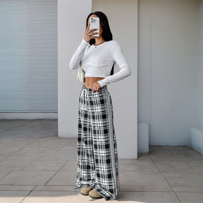 Lune London | Women's loose casual pants with checked pattern and adjustable waistband