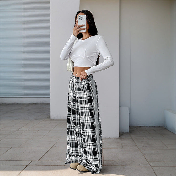 Lune London | Women's loose casual pants with checked pattern and adjustable waistband