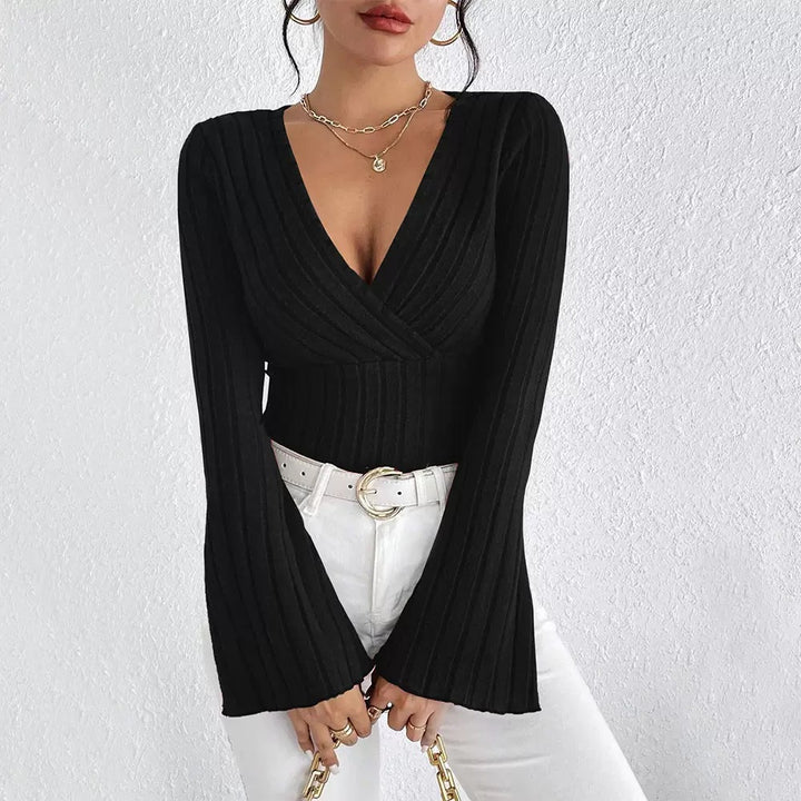 Women's figure-enhancing knit bodysuit with V-neck and wide sleeves Lune London