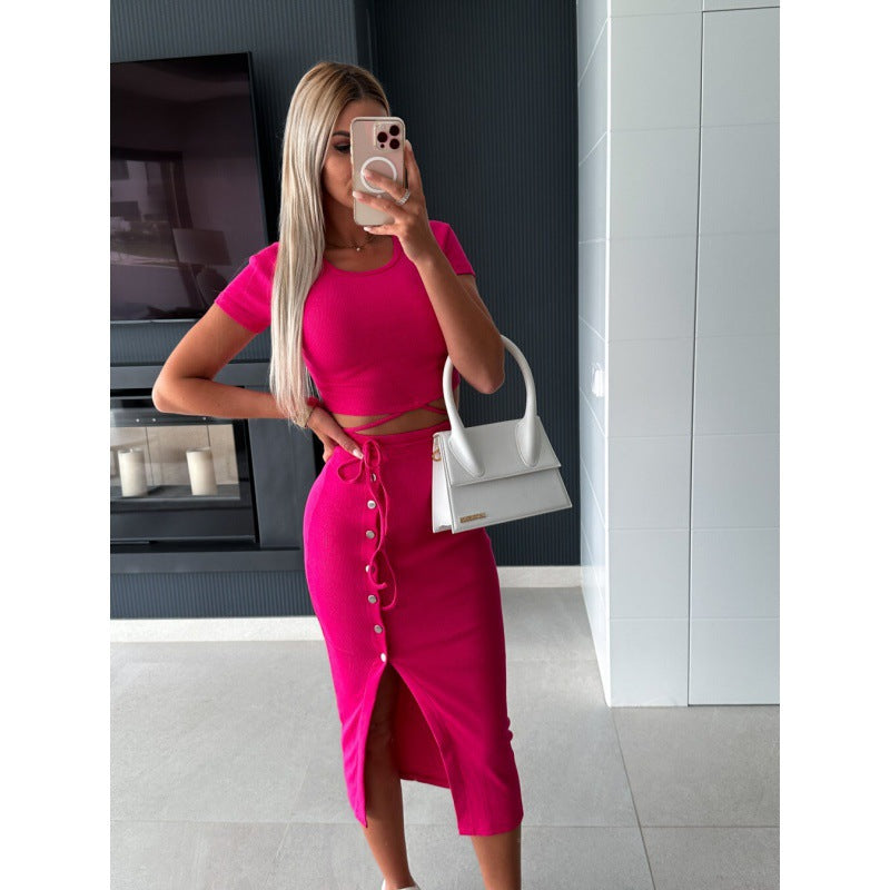 Women Ribbed Crop Top and Buttoned Midi Skirt Set Lune London