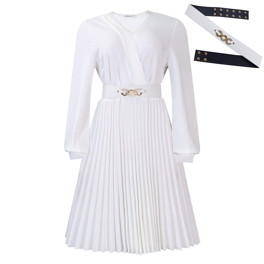Pleated wrap dress for women with belt and elegant brooch Lune London
