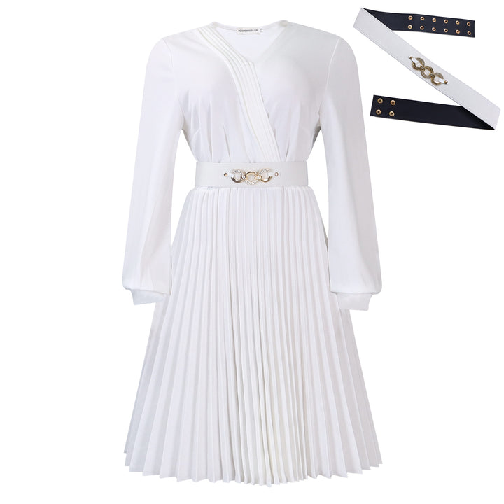 Pleated wrap dress for women with belt and elegant brooch Lune London