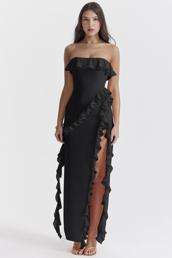 Maxi dress for women with off-shoulder ruffles and slit Chic & Stil