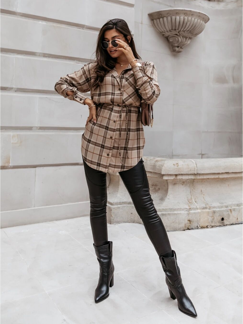 Long sleeve shirt dress for women with adjustable belt and trendy checkered design Lune London